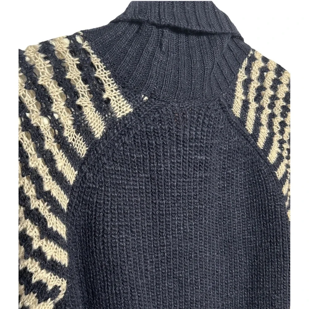 Tory Burch Wool Blend Turtleneck Sweater Navy Cream Stripe Gold TB Logo Sz Large